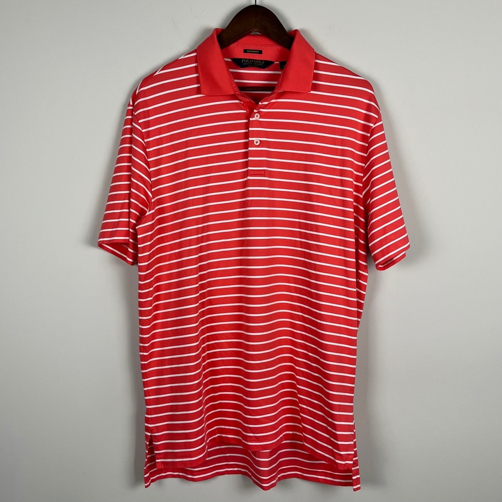 Polo Golf Ralph Lauren Mens Coral Salmon Striped Performance Pima Polo Shirt L